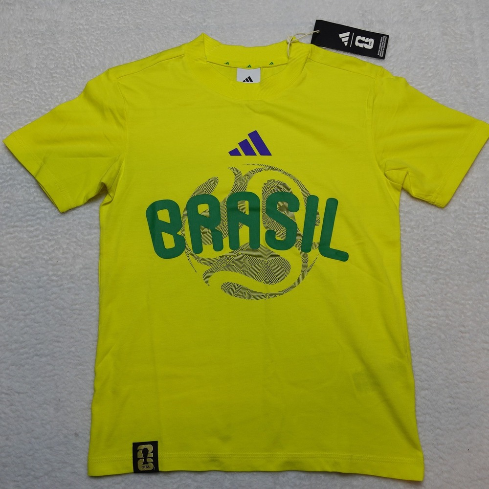 Adidas Brasil Soccer Graphic Tee Youth Small Yellow FIFA World Cup Qatar 2022